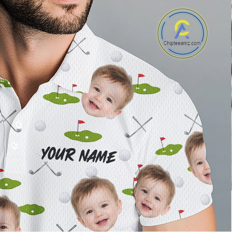 Personalized Face & Name Golf Polo Shirt For Men, Best Dad Golf Shirt, Father's Day Gift Polo|White NBT661