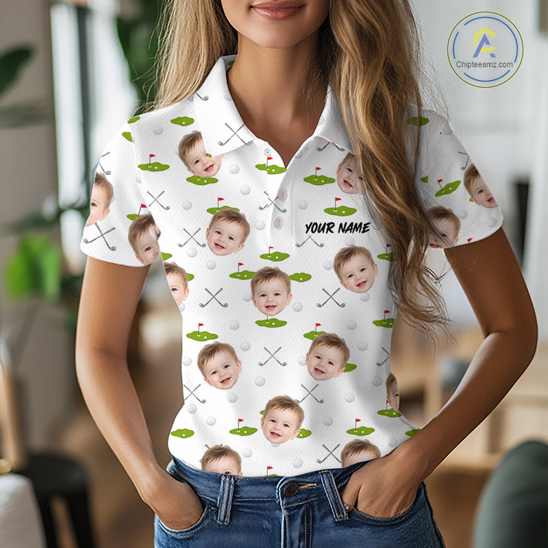 Personalized Face & Name Golf Polo Shirt For Women, Best Mom Golf Shirt, Mother's Day Gift Polo|White NBT661