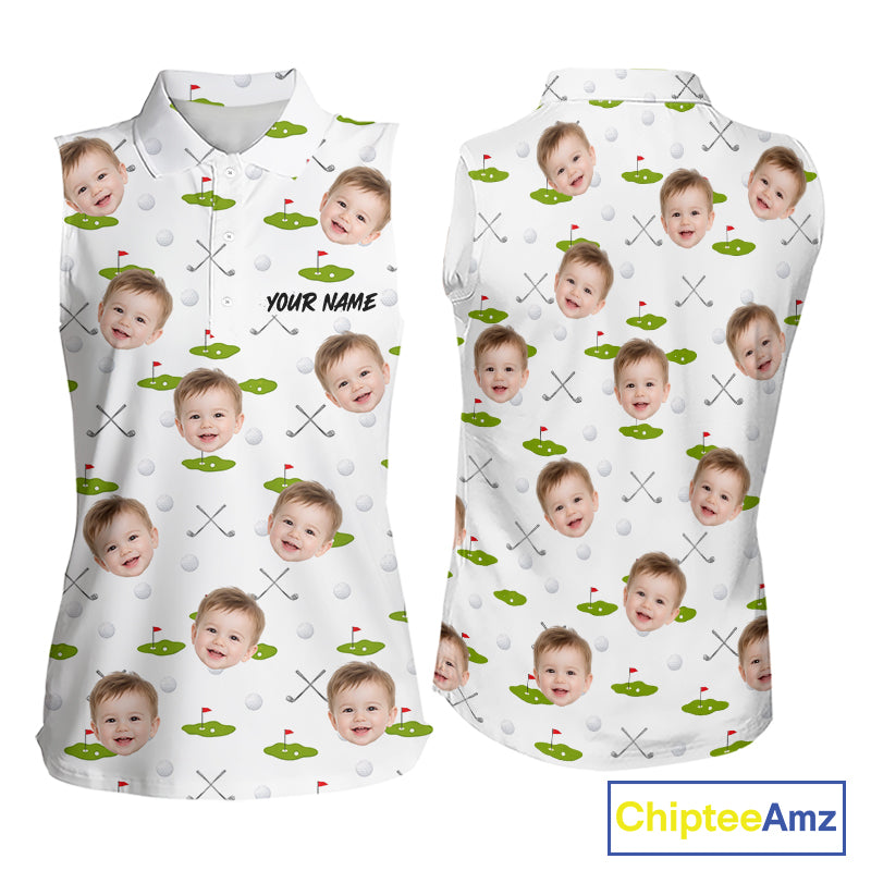 Personalized Face & Name Sleeveless Golf Polo Shirt For Women, Best Mom Golf Shirt, Mother's Day Gift Polo|White NBT661