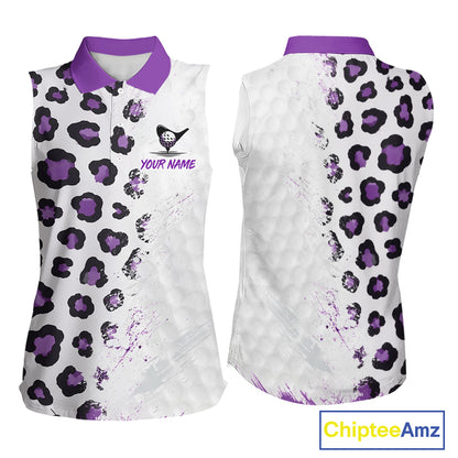 White sleeveless shirt with purple leopard print pattern on a white background