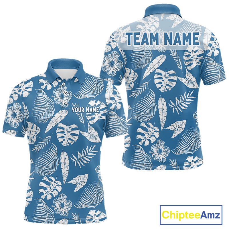 Blue polo shirt with white  tropical leaf pattern and customizable text