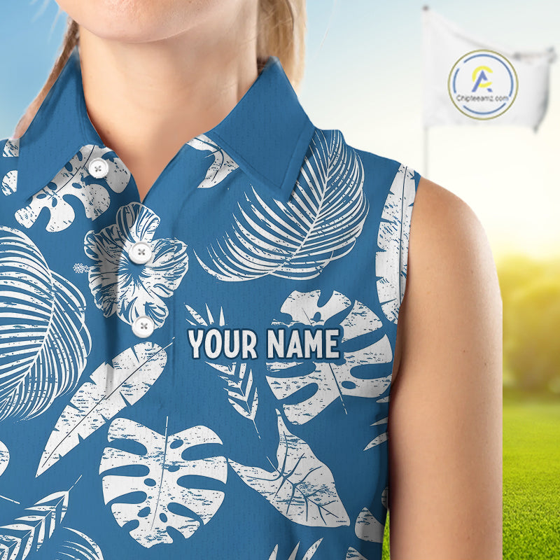 Blue sleeveless shirt with white leaf patterns and 'YOUR NAME' text on a blurred outdoor background