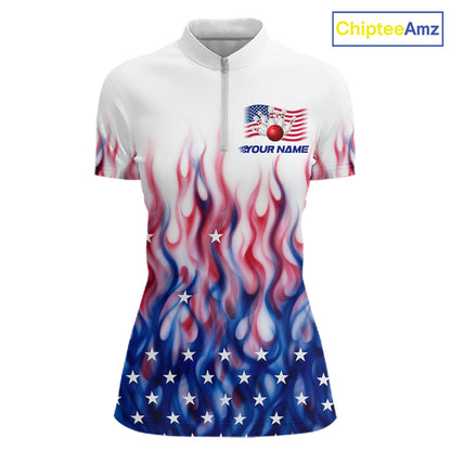 Fire American Flag Custom Patriotic Bowling Shirts For Women, Flame US Bowling League Shirt NBT934