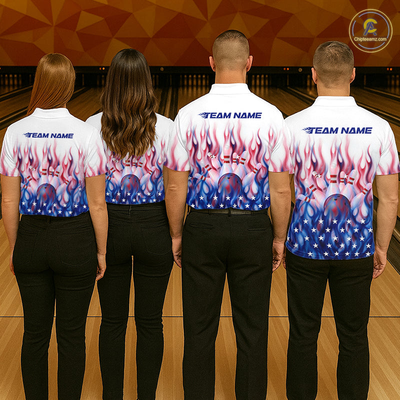 Fire American Flag Custom Patriotic Bowling Shirts For Men, Flame US Bowling League Shirt NBT934