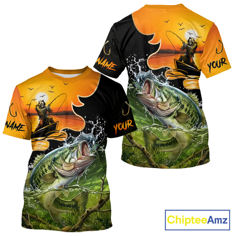 Personalized Fish Reaper Sunset Design Largemouth Bass Fishing T-Shirts NBT673