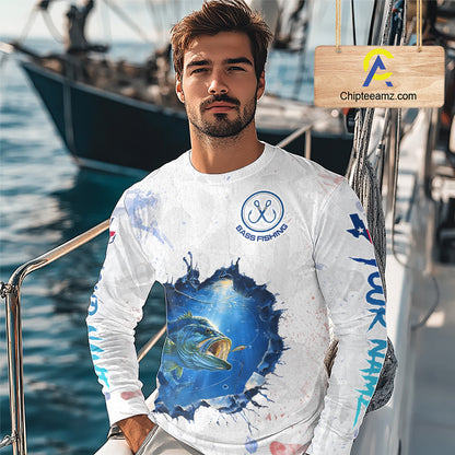 Custom Bass Fishing Long Sleeve Tournament Shirts, Largemouth Bass Fishing Apparel | White NBT680