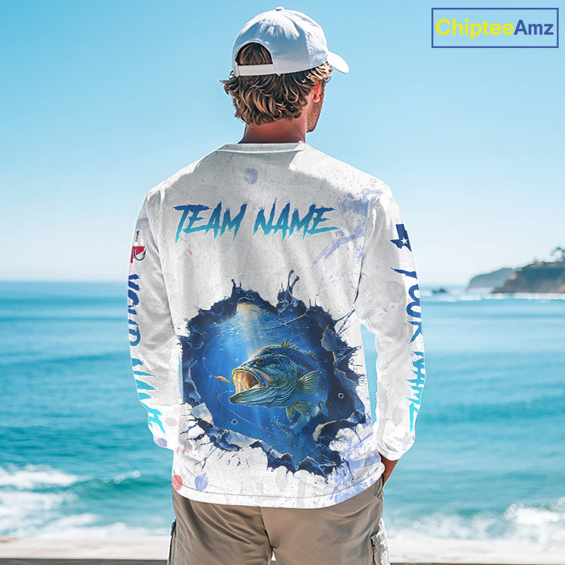 Custom Bass Fishing Long Sleeve Tournament Shirts, Largemouth Bass Fishing Apparel | White NBT680