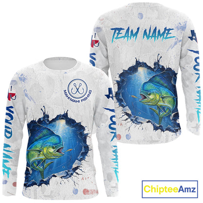 Custom Mahi Mahi Fishing Long Sleeve Tournament Shirts, Mahi Mahi Saltwater Fishing Apparel | White NBT683
