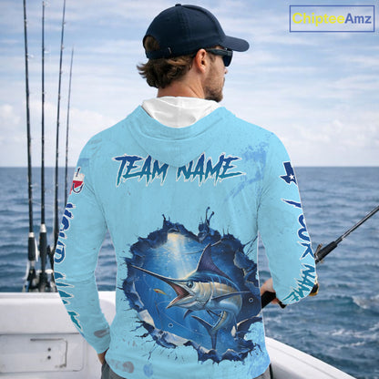 Custom Marlin Fishing Long Sleeve Hooded Tournament Shirts, Marlin Saltwater Fishing Apparel | Blue NBT688
