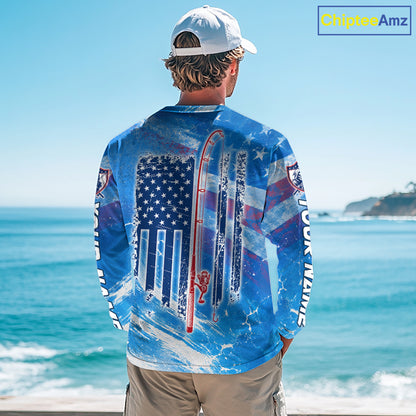 Man on a boat wearing a blue American flag largemouth bass hooded fishing shirt with custom name on the sleeves