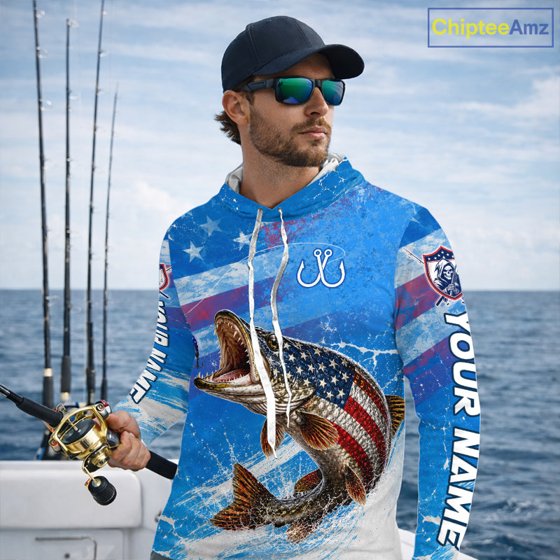 Man wearing a patriotic northern pike fishing shirt with custom name, holding a fishing rod on a boat.