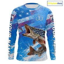 Load image into Gallery viewer, American flag northern pike fishing shirt long sleeve front view