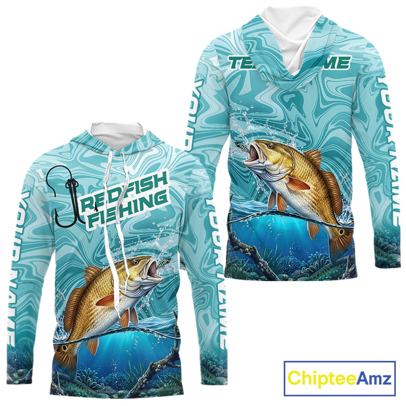 Custom Redfish Long Sleeve Hooded Performance Fishing Shirts, Water Camo Saltwater Fishing Jerseys NBT691