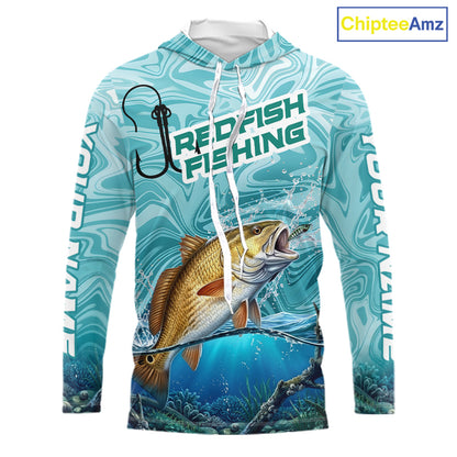 Custom Redfish Long Sleeve Hooded Performance Fishing Shirts, Water Camo Saltwater Fishing Jerseys NBT691
