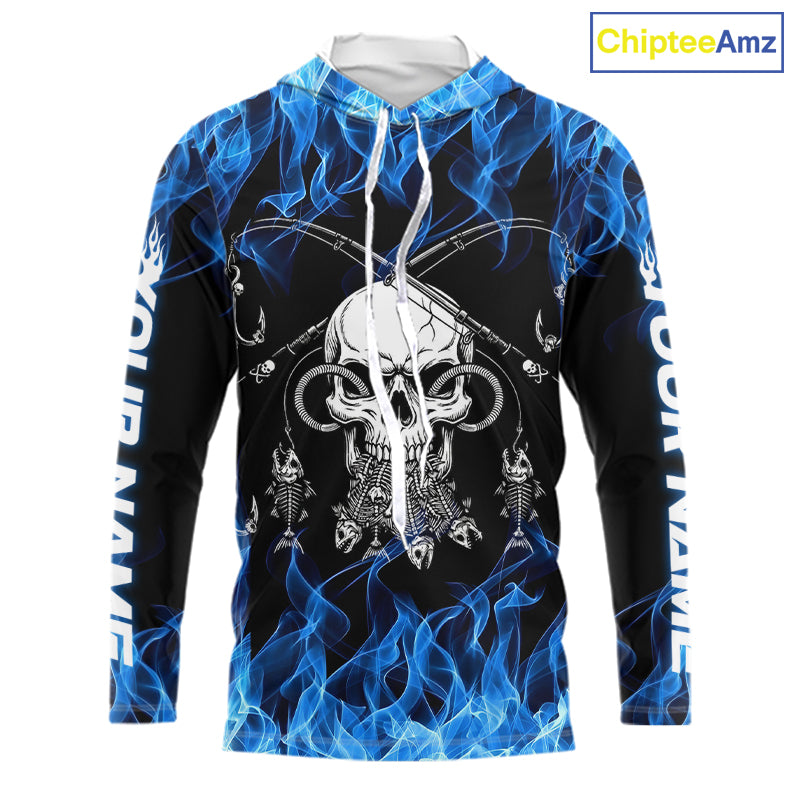Fish Reaper Fishing Skull Fire Flame Long Sleeve Hooded Tournament Fishing Shirts, Skull Fishing Jerseys NBT692