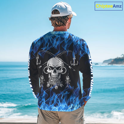 Fish Reaper Fishing Skull Fire Flame Long Sleeve Tournament Fishing Shirts, Skull Fishing Jerseys NBT692