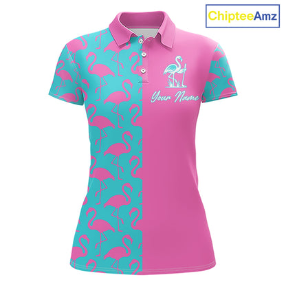 Front view of women’s golf polo shirt with pink and blue flamingos pattern