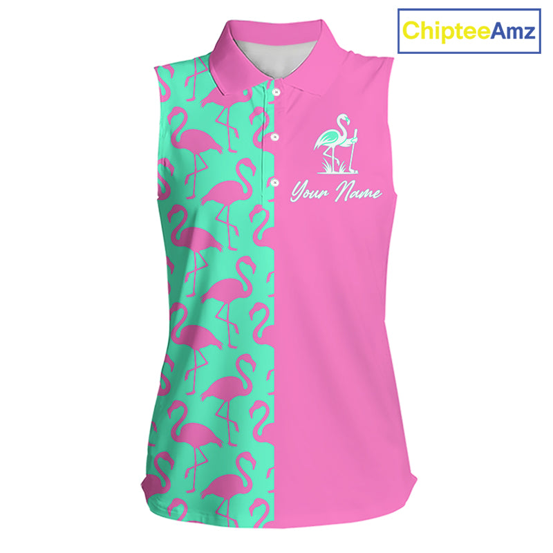 Front view of women’s sleeveless golf polo shirt with pink and green flamingos pattern