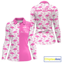 Load image into Gallery viewer, Front and back view of women’s long sleeve golf polo shirt with pink and white flamingos pattern and personalized name
