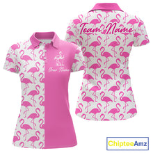 Load image into Gallery viewer, Front and back view of women’s long sleeve golf polo shirt with pink and white flamingos pattern and personalized name