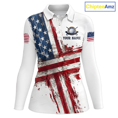 Custom US Golf Polo Shirt American Flag White Golf Shirts For Women, Patriotic Golf Shirt NBT701