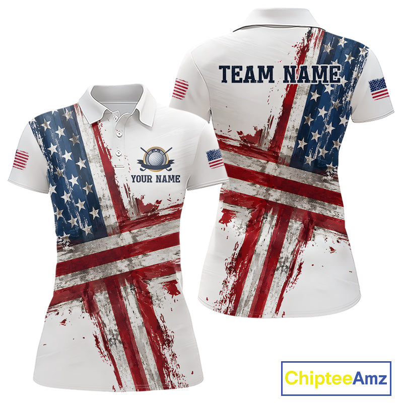 Custom US Golf Polo Shirt American Flag White Golf Shirts For Women, Patriotic Golf Shirt NBT701