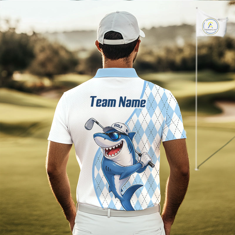 Funny Mens Golf Polo Shirt Argyle Pattern Custom Name Shark Playing Golf Shirt Golf Gifts NBT951