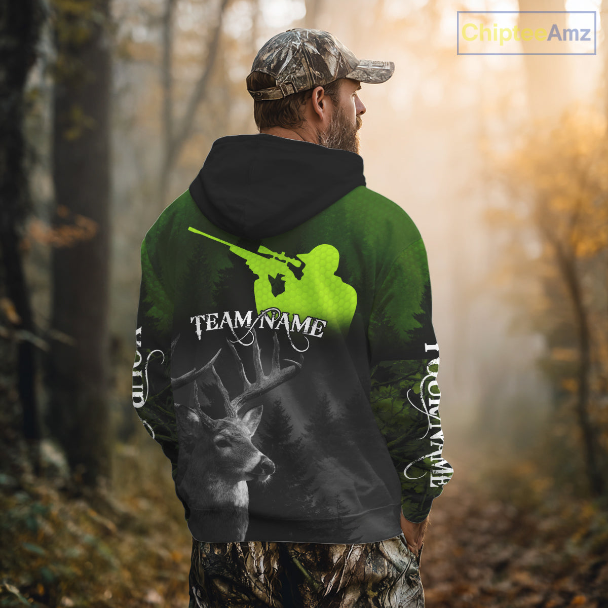 Deer Hunting Shirt Deerholic Hunter Silhouette – Green Camo Big Game Rifle for Men NBT25