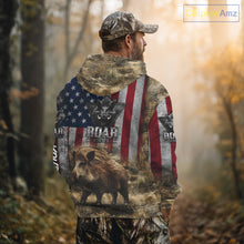 Load image into Gallery viewer, American Flag Wild Boar Camo Custom Name 3D Shirts, Boar Hunting Clothes for Hunters NBT132