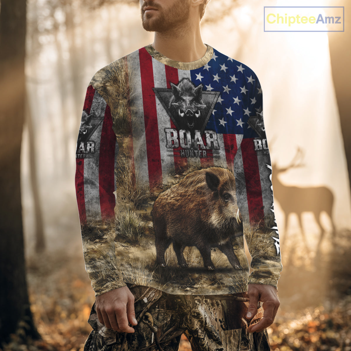 American Flag Wild Boar Camo Custom Name 3D Shirts, Boar Hunting Clothes for Hunters NBT132