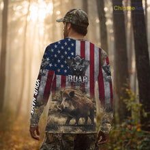 Load image into Gallery viewer, American Flag Wild Boar Camo Custom Name 3D Shirts, Boar Hunting Clothes for Hunters NBT132