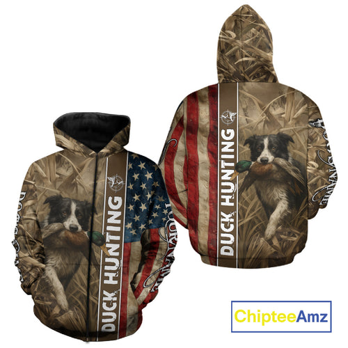 Border Collies Duck Hunting Waterfowl Camo US Flag Shirts, Custom Name Shirts, Hunting Gifts NBT96