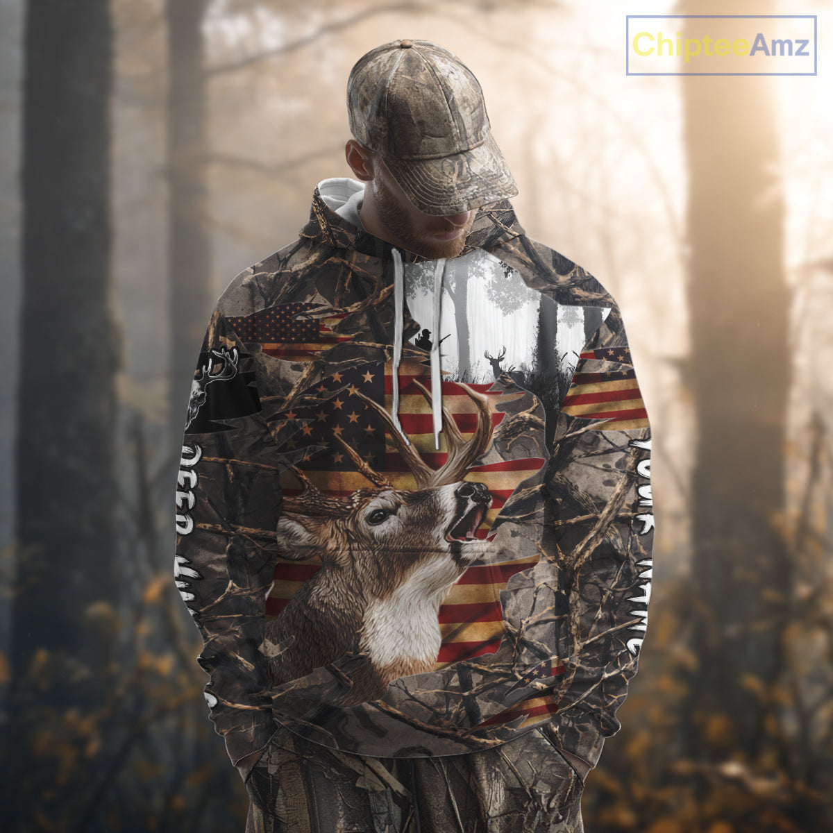 Best Deer Hunting Camo Shirt with Big Buck and US Flag – Hunting Apparel for Men, Hunter Gifts NBT61