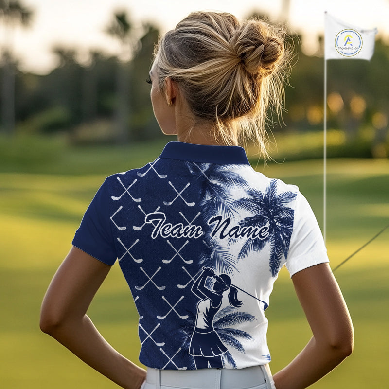 Blue Tropical Palm Trees Golf Club Pattern Womens Golf Polo Shirts Custom Team Golf Shirt NBT567