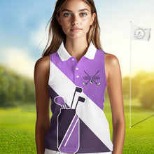Load image into Gallery viewer, Purple Golf Bag Womens Sleeveless Golf Polo Shirts Custom Golf Shirts, Golf Attire For Ladies NBT577