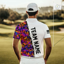 Load image into Gallery viewer, Man wearing Colorful Skull American Flag Mens Polo Shirt with custom team name on the back