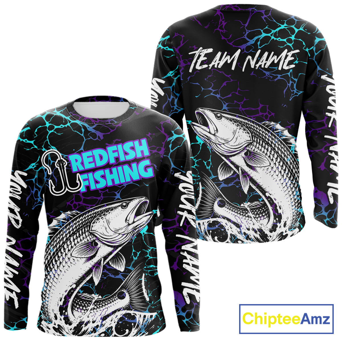 Front and back view of Redfish Fishing neon blue long sleeve saltwater fishing shirt with custom name