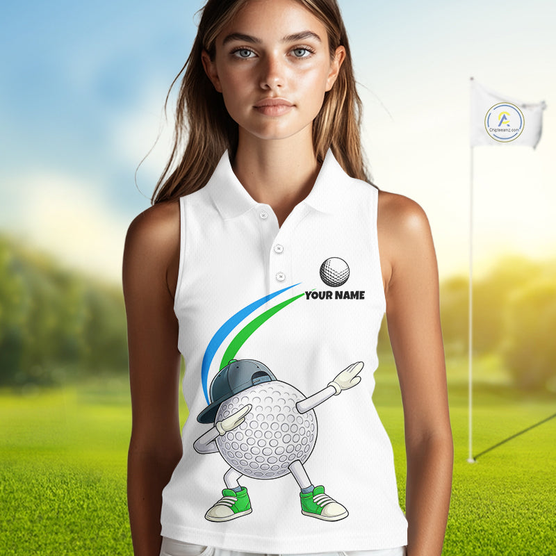 White Funny Golf Ball Custom Team Polo Shirt, Personalized Womens Sleeveless Golf Polo Shirt, Golf Lovers Gift NBT603