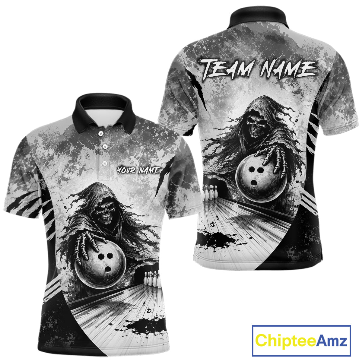 Front and back view of custom gray camo skeleton Grim Reaper bowling men’s polo shirt