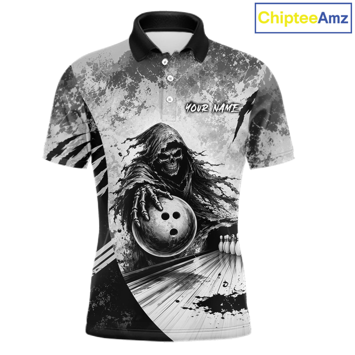 Front view of custom gray camo skeleton Grim Reaper bowling men’s polo shirt
