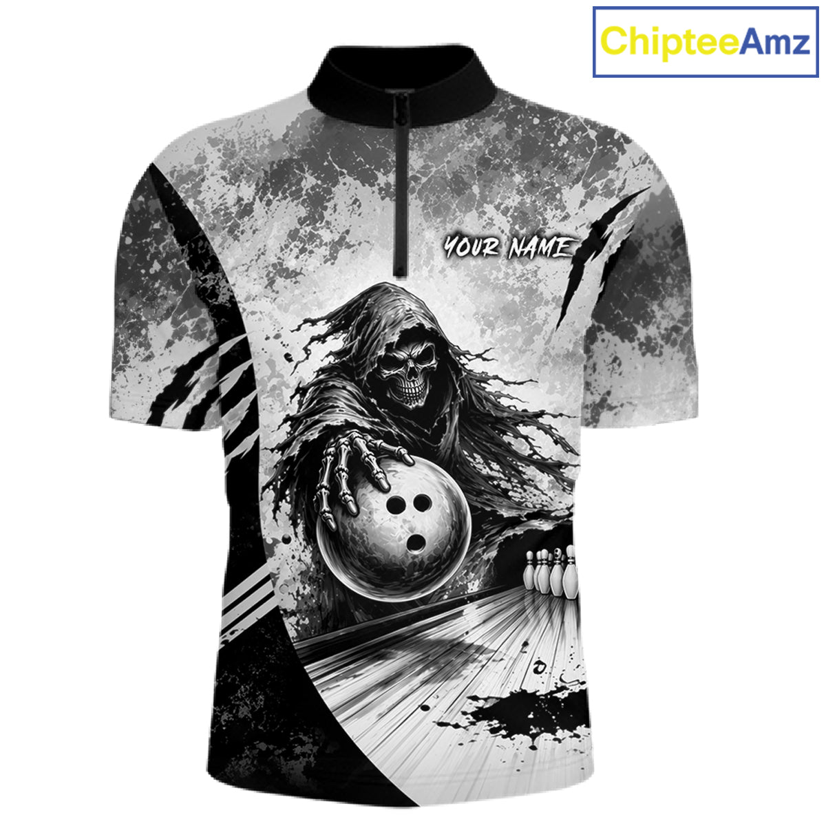 Front view of custom gray camo skeleton Grim Reaper bowling men’s quarter-zip shirt
