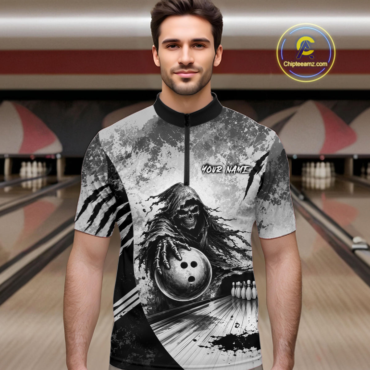 Bowler wearing custom gray camo skeleton Grim Reaper bowling quarter zip shirt on the lanes.