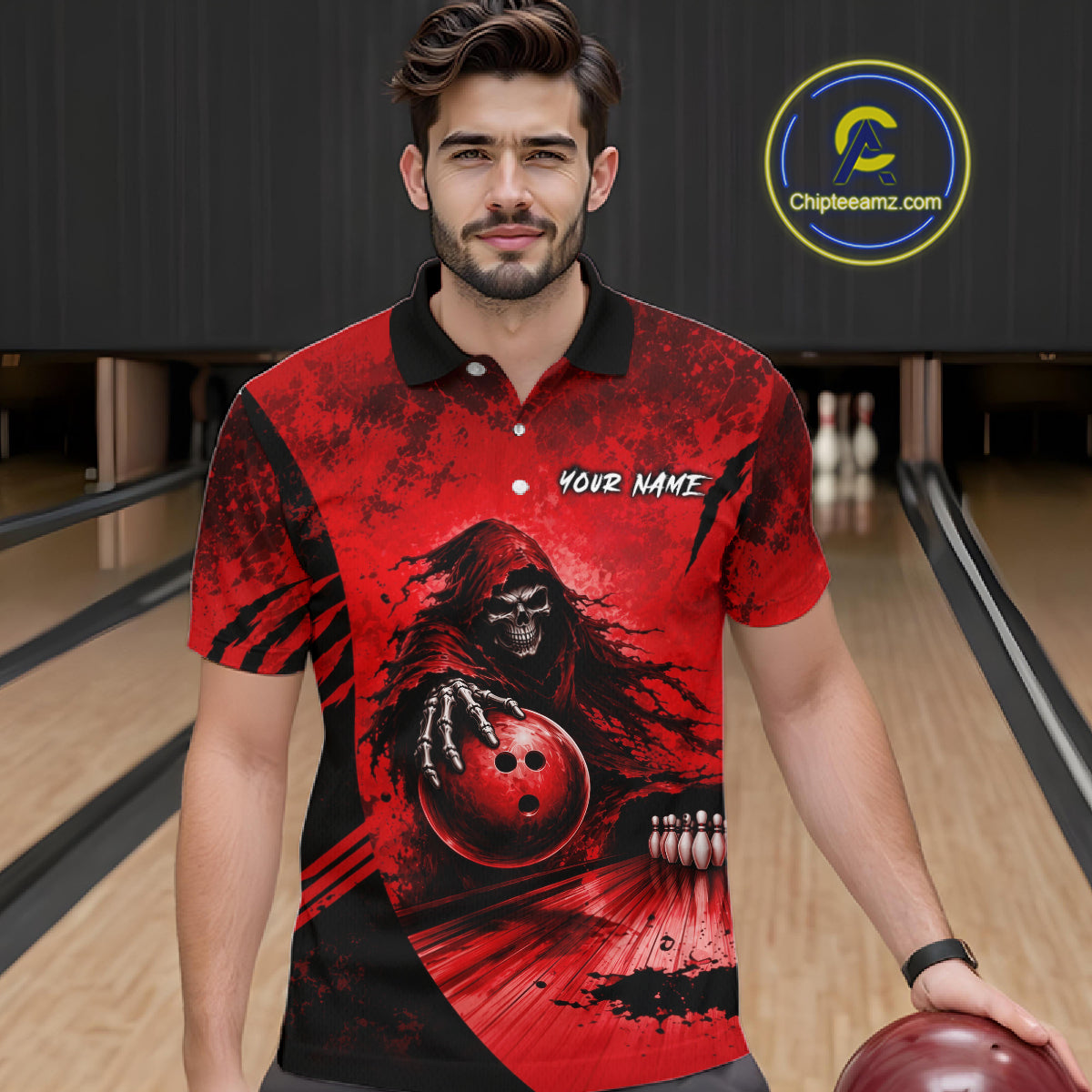 Bowler wearing custom red camo skeleton Grim Reaper bowling shirt on the lanes
