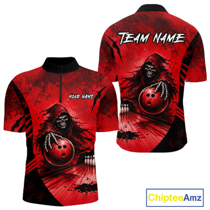 Front and back view of custom gray camo skeleton Grim Reaper bowling men’s quarter-zip shirt