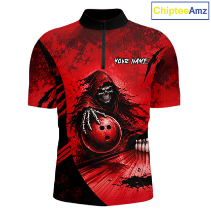 Front view of custom red camo skeleton Grim Reaper bowling men’s quarter-zip shirt