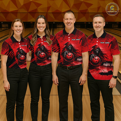 Bowling team wearing matching custom red camo skeleton Grim Reaper Halloween bowling jerseys with personalized names