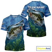 Load image into Gallery viewer, Front and back view of Personalized Bass Fishing Jersey custom camo bass fishing tournament T-Shirt, lightweight UPF 30+ fishing shirt with bass graphic and custom name 