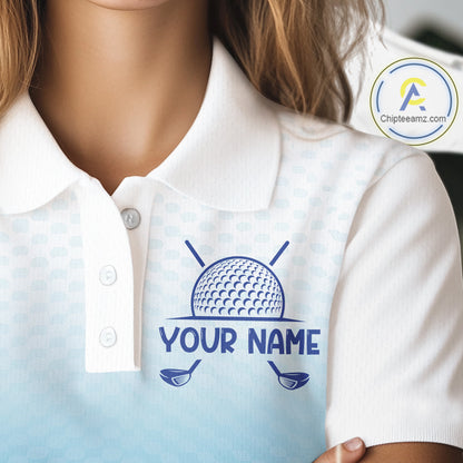 Blue White Womens Polo Golf  Shirts Custom Name Golf Shirt For Women, Golf Team Clothes NBT504