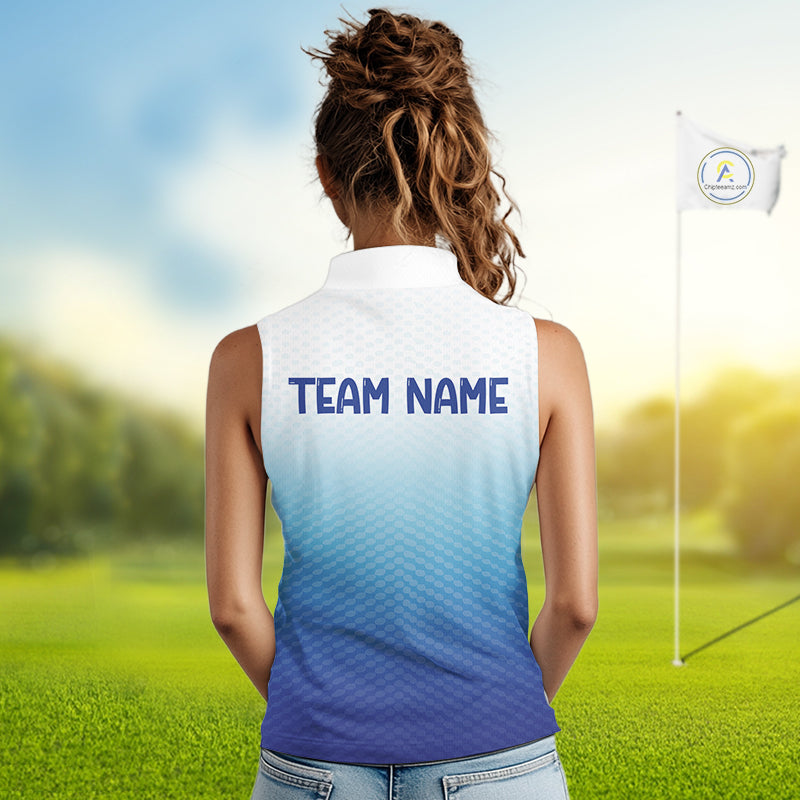 Blue White Womens Sleeveless Polo Golf  Shirts Custom Name Golf Shirt For Women, Golf Team Clothes NBT504