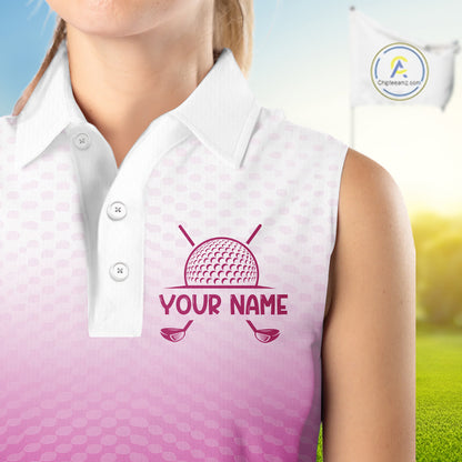 Pink White Womens Sleeveless Polo Golf  Shirts Custom Name Golf Shirt For Women, Golf Team Clothes NBT505